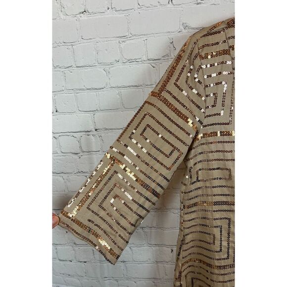 NIGHT STUDIO LINEN beige linen sequins 3/4 sleeve blazer jacket blouse tunic 8 - Picture 5 of 13
